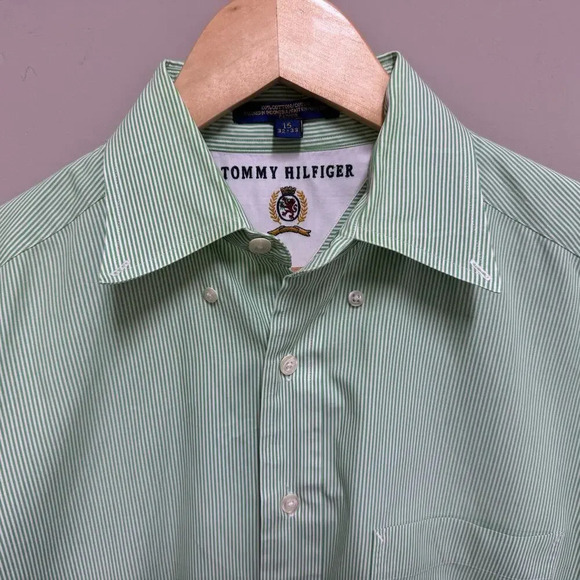 Tommy Hilfiger Green Striped Long Sleeve Button Up
Shirt Size 15 - Picture 1 of 6